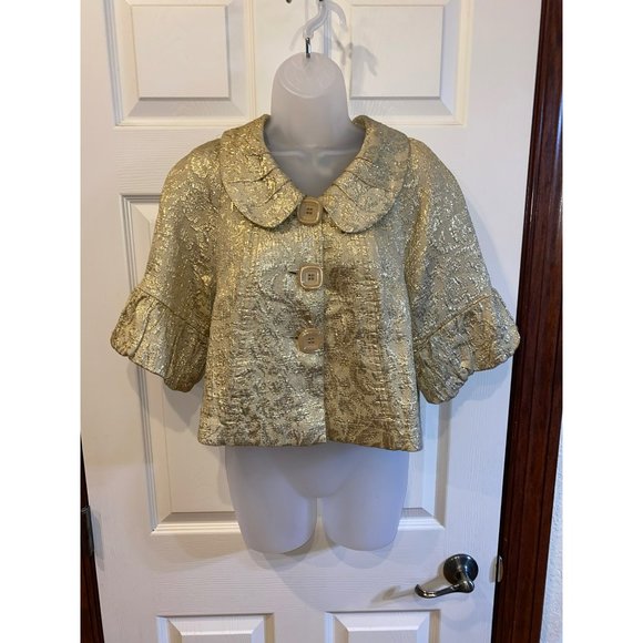 Anthropologie Ivy Jane Womens XS Metallic Gold Blazer Peter Pan Collar Ruffle Si - Picture 6 of 9